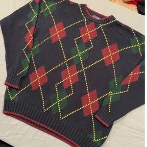 Mark Alexander Mens XL Argyle Knit Sweater Navy Blue Red Green Cotton Vintage